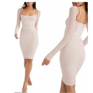 HOUSE OF CB Freyja Satin Ruched Long Sleeve Body-Con Dress Pale Pink Dress XS